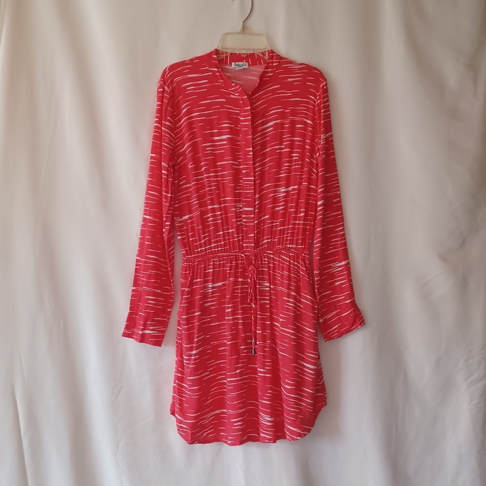 Splendid Drawstring Shirt Dress Rayon Orange Striped Long Sleeves Size XS